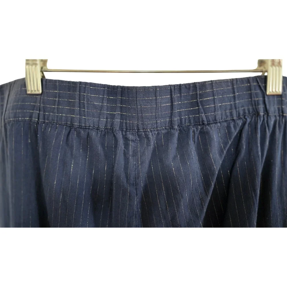 Left of Center Anthropologie Boho Navy Blue Metallic Pinstripe Wrap Tie Pants M